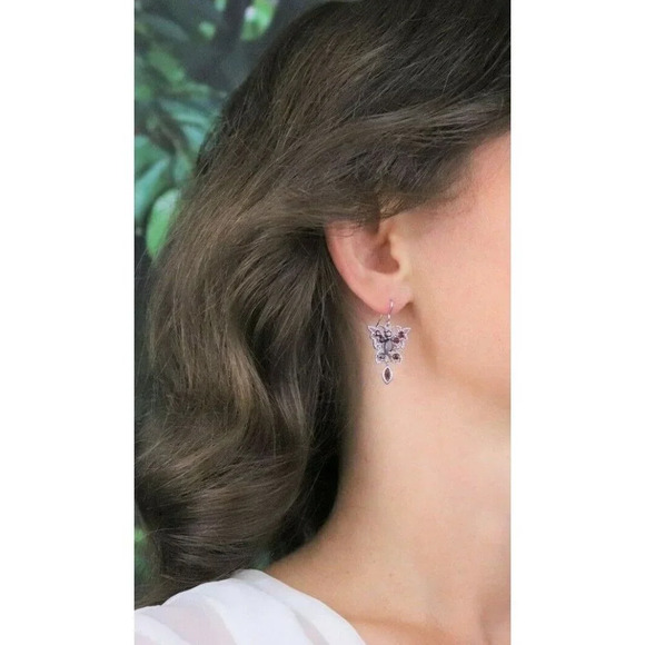 10k White Gold Natural Garnet Butterfly Earrings Dangle Drop Earrings - Picture 3 of 7